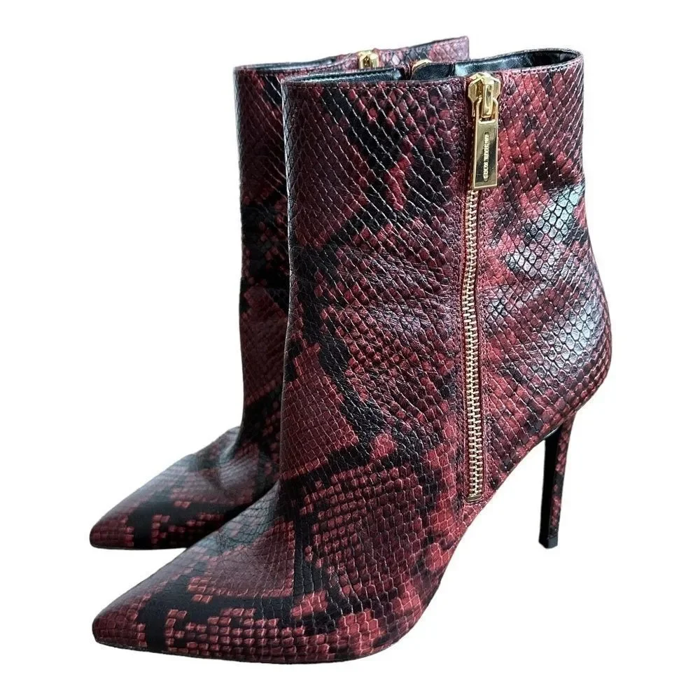 Michael Kors Womens Keke Maroon Snakeskin Pointed Stiletto Ankle Boots Shoes 8.5